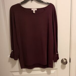 Calvin Klein Women's Burgundy Long Sleeve Top. Pearl Button Sleeves. The